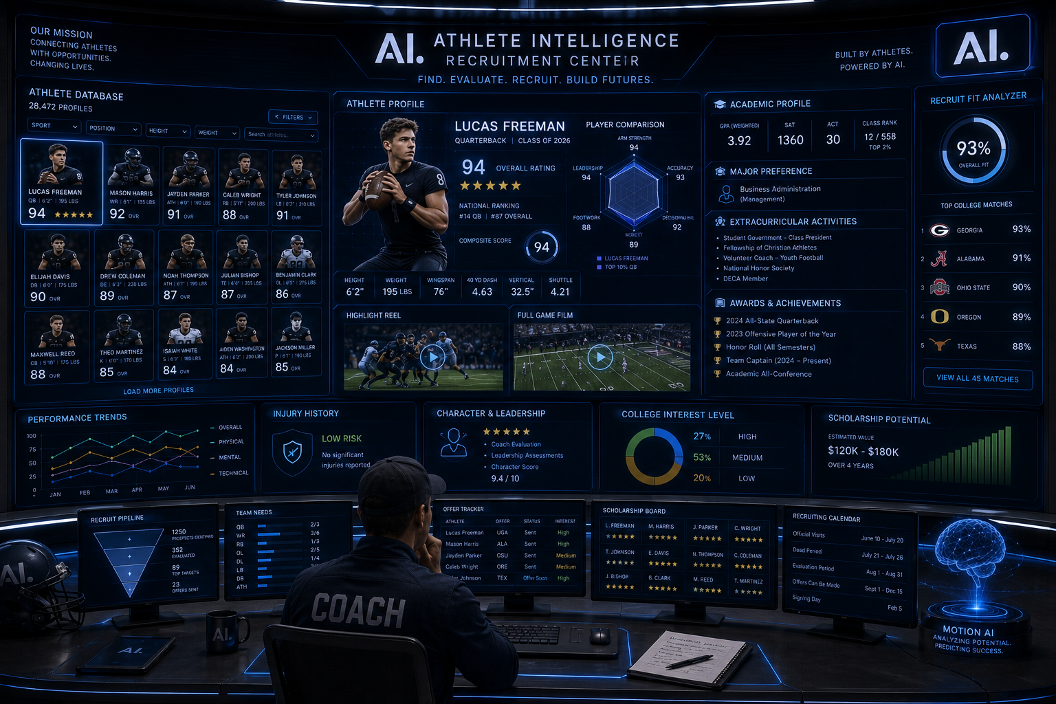 Preview of the AI. Athlete Intelligence Recruiting Center dashboard
