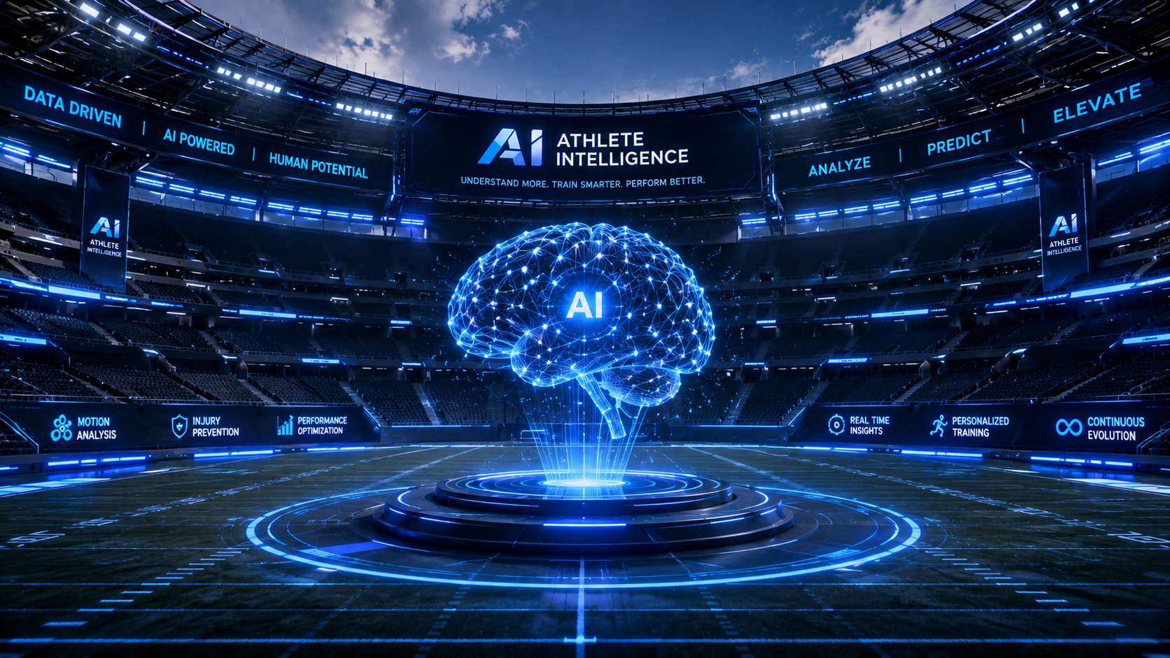 A holographic AI brain rises at the center of a stadium, surrounded by live athlete performance data across every sport